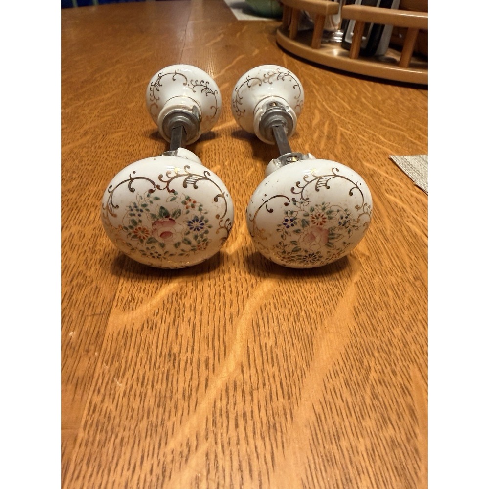 Vintage Hand Painted Flowers Floral Design Porcelain Door Knob Set of 2 Japan